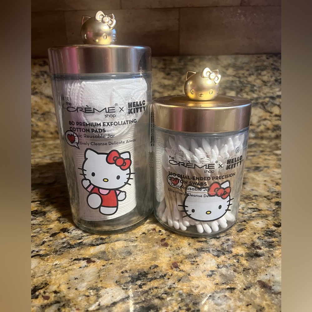 Creme Shop Hello Kitty Chic Reusable Jar Set with Cotton Pads & Swabs-Matte Gold